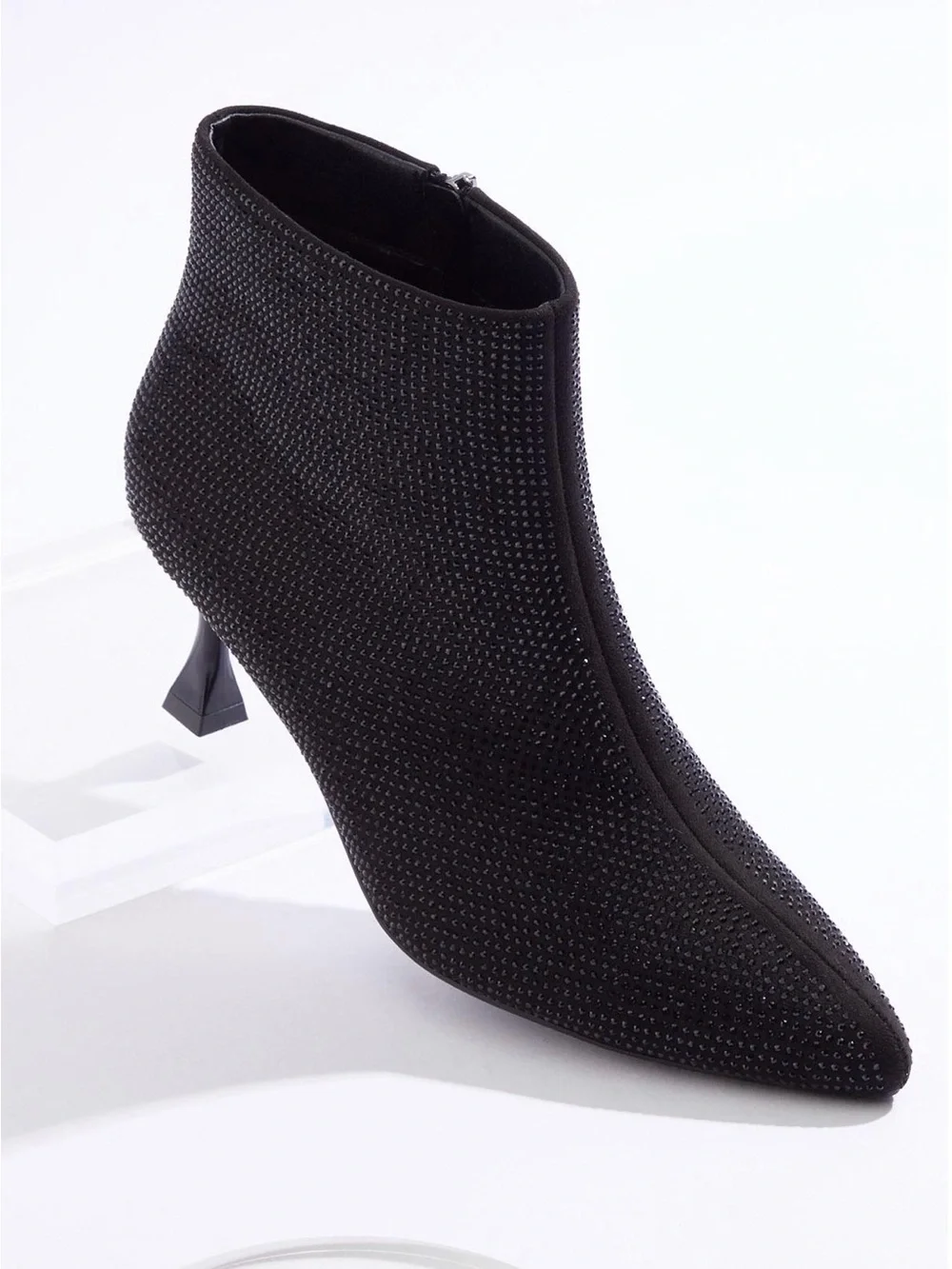 Women's Black Rhinestones Embellished Pointed-Toe Ankle Boot 2 inch heel